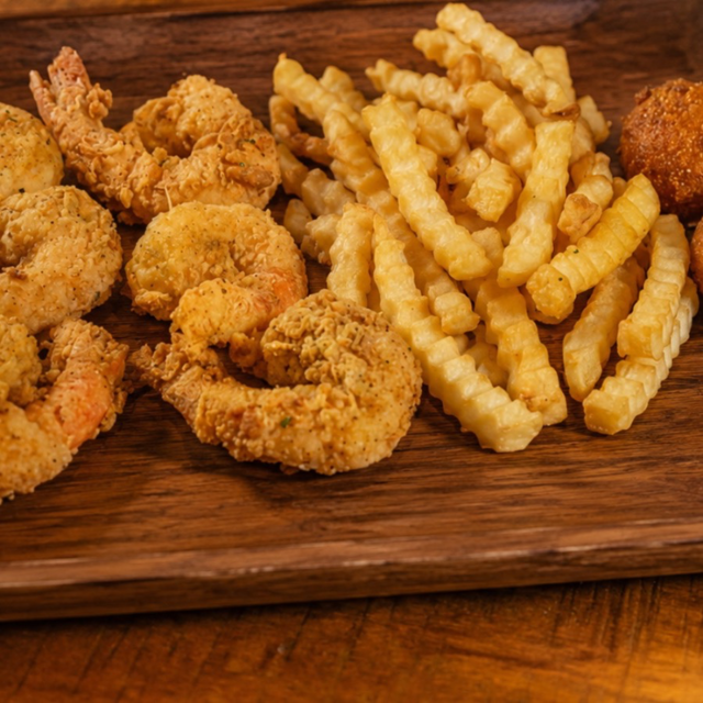 6pc. Shrimp, 2 Hush-puppies & Fries.