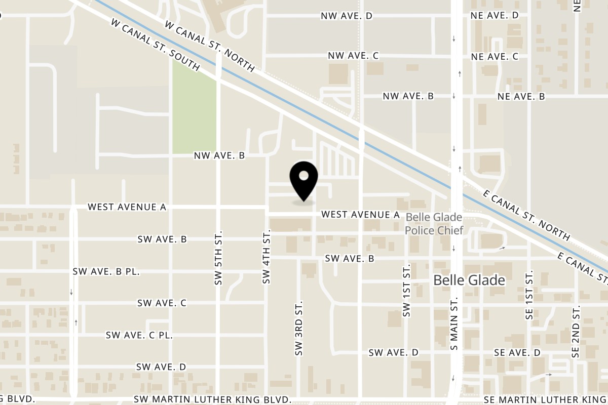 Map showing the location of Faimus Wings on 317 W Ave A in Belle Glade